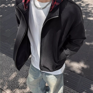格子拼接连帽卫衣男女款复古潮牌美式高街假两件外套WY8081-P69图片