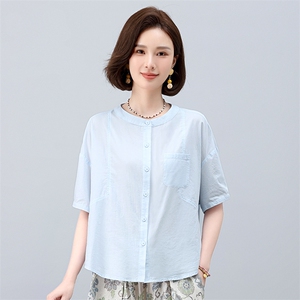 纯棉短袖衬衫女夏季2025年新款中年妈妈宽松休闲简约圆领衬衣上衣图片