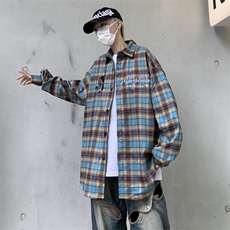 格子衬衫外套男女薄款青少年长袖衬衣宽松休闲衬衫CS0128-P48，男装衬衫，星座308B-2