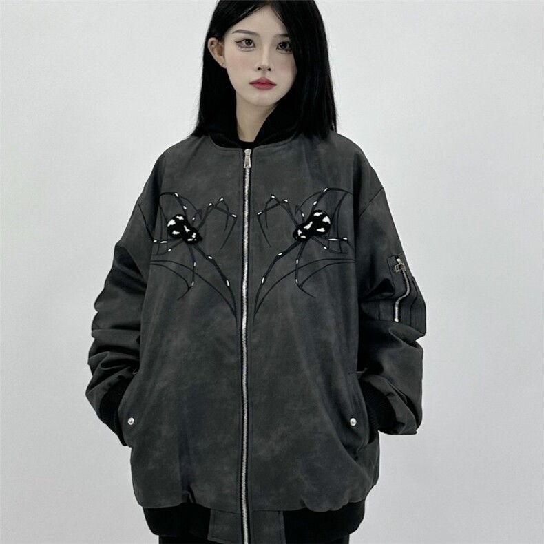 JK8555-P68春秋美式蜘蛛刺绣pu皮夹克男女款拉链休闲宽松百搭,男装夹克,电商B323A