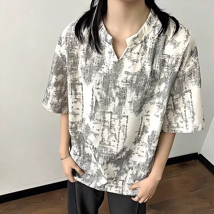 美式复古扎染v领短袖t恤男款2025新款夏季小众设计感宽松男士半袖,男装T恤,星座506A