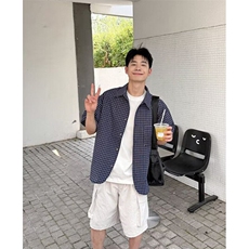 夏季青少年格子短袖衬衫男女生2025复古百搭宽松休闲衬衣C153，男装T恤，星座1116A（原606A-3）