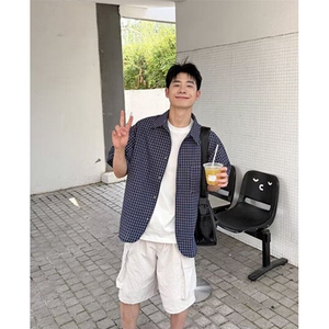 夏季青少年格子短袖衬衫男女生2025复古百搭宽松休闲衬衣 C153图片