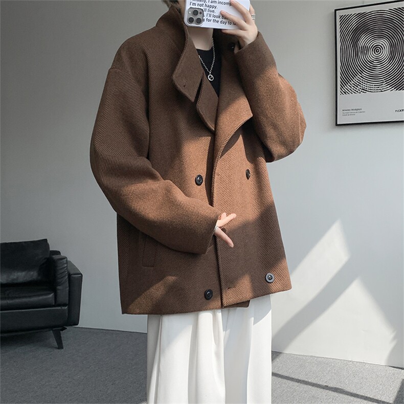 WT520-P95秋冬翻领双排扣人字纹呢大衣男士短款加棉加厚外套,女装短外套,电商A058-1（原电商C417）