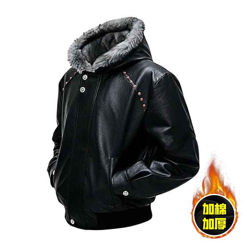 现货冬季美式潮牌痞帅PU皮机车服棉衣毛毛绒狼王座山雕皮棉服,男装棉衣,电商A486