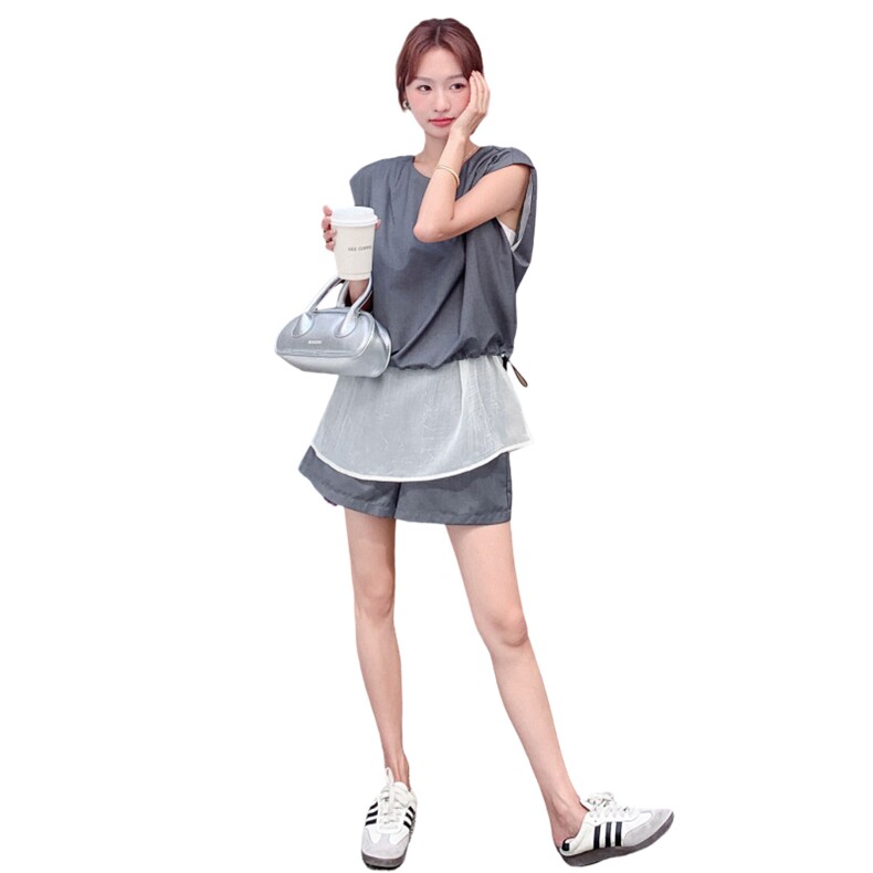 无袖衬衫套装女2025夏季新款韩版宽松网纱拼接灰色上衣短款两件套,女装套装/套裙,2C016