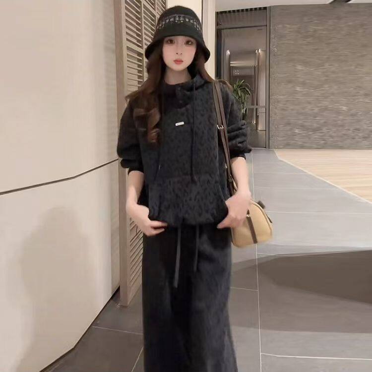 1506A/G2950/P79时尚套装女冬季新款洋气豹纹连帽卫衣阔腿裤休闲,男装休闲套装,星座1506A