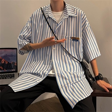 夏季复古日系百搭休闲短袖衬衣条纹衬衫男女情侣小众潮SC79-P29，男装衬衫，星座1008