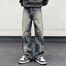 男女高街美式黄泥染拼接牛仔裤男宽松阔腿设计裤A068-KXSK83-TP60，男装牛仔裤，电商A068