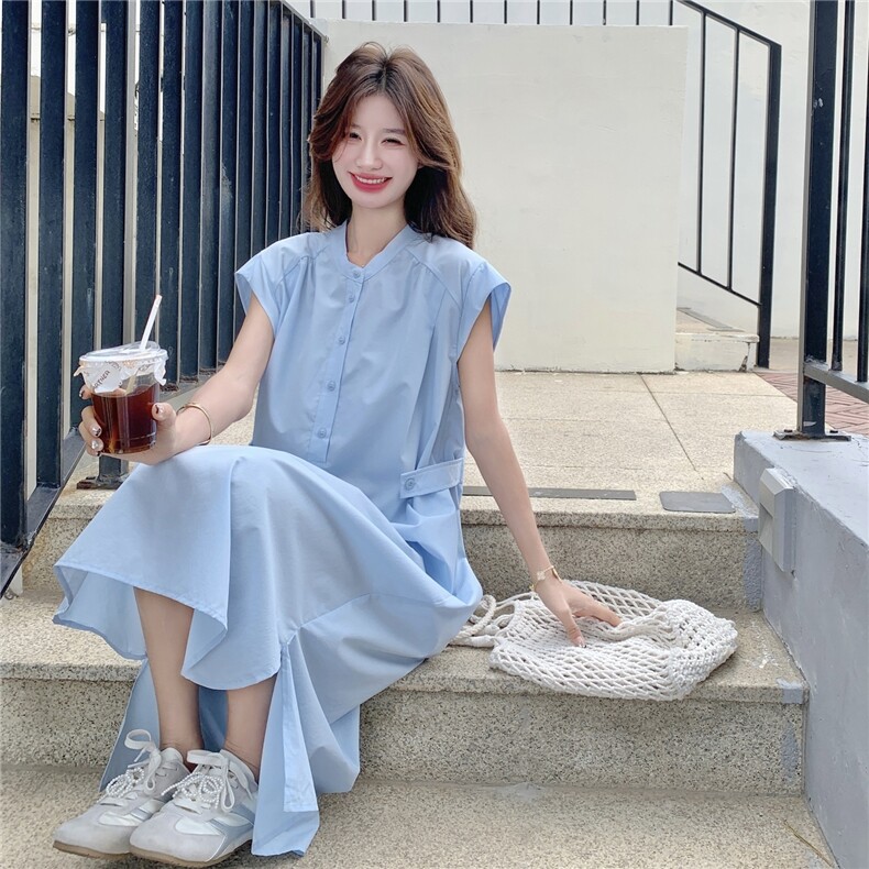 浅蓝色无袖衬衫连衣裙女2025夏季新款法式温柔风宽松减龄气质长裙,女装连衣裙,维壹