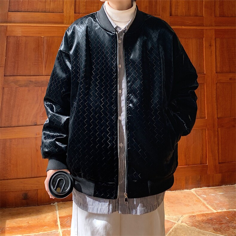 2023冬季新款男士潮牌格子PU皮棒球服棉衣黑色外套MYTC192P115图片