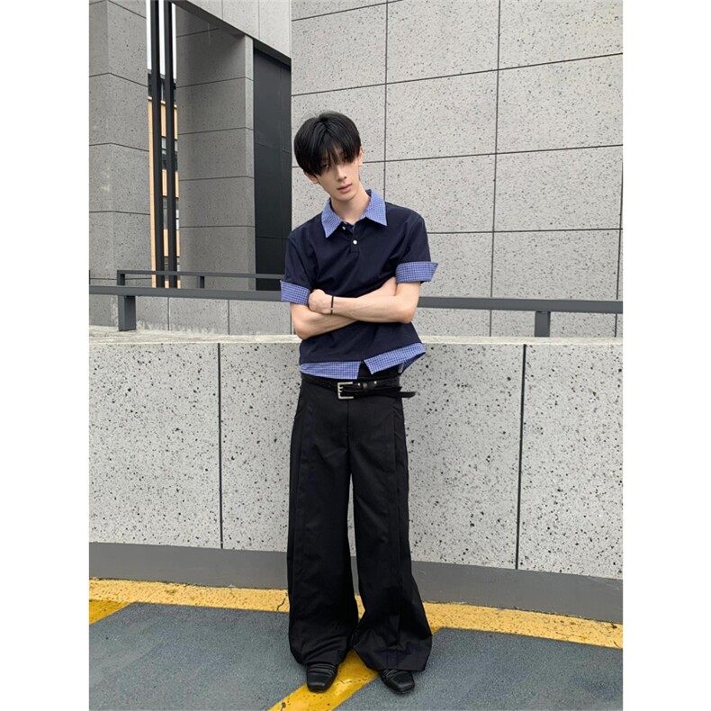 网图有货夏季美式藏青色假两件格子拼接polo领短袖男女A600-P40,男装T恤,星座1505