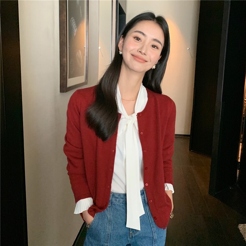 2025秋冬百搭时尚简约开衫圆领长袖针织衫,女装羊绒衫,玛卡隆羊绒