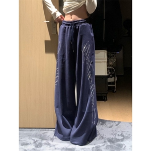 1506-1/KC201/P58复古字母烫钻卫裤男女宽松休闲百搭直筒阔腿长裤图片