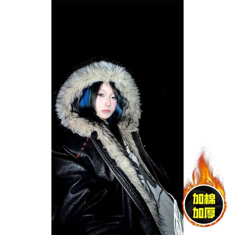 现货冬季美式潮牌痞帅PU皮机车服棉衣毛毛绒狼王座山雕皮棉服,男装棉衣,电商A486-1