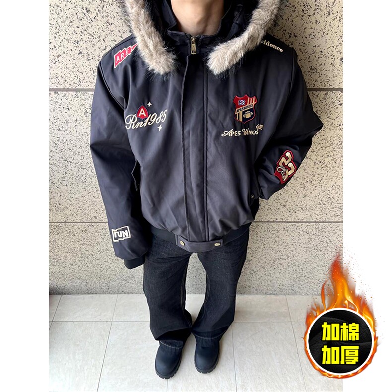 现货高品质美式高街重磅刺绣座山雕大毛毛领棉衣男女加厚棉服外套，男装棉衣，电商A486-1