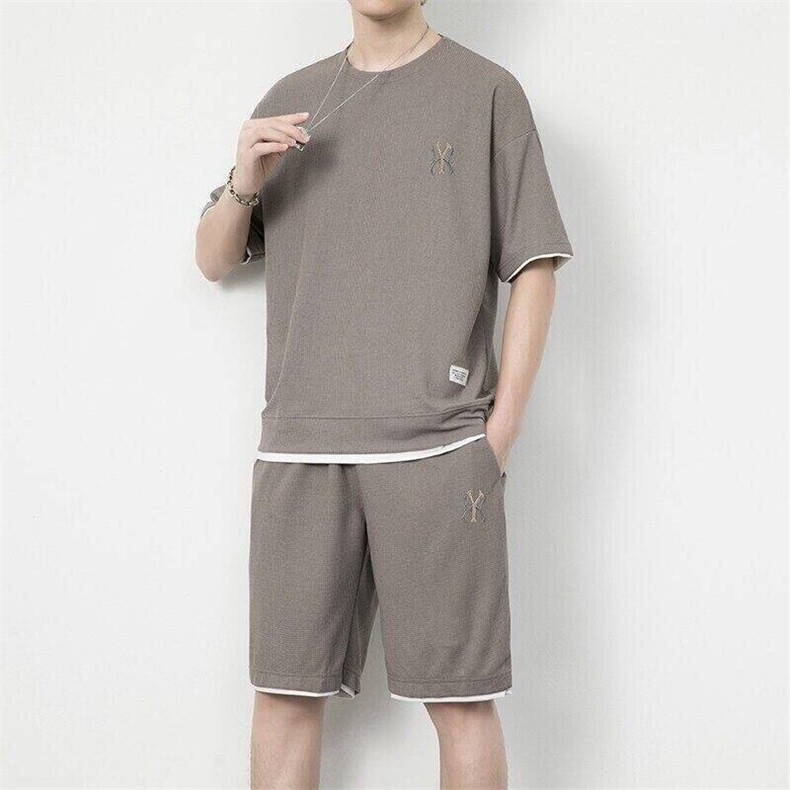 7538-P55华夫格短裤套装男士夏季冰丝短袖男装一套搭配休闲运动服,男装休闲套装,电商D310B-1