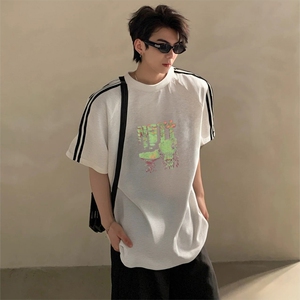 抖音得物高品质二开240克宽松纯棉美式潮牌三条杠织带短袖T恤图片