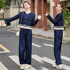 蕾丝拼接牛仔套装女2025春季新款穿搭时尚牛仔外套阔腿长裤两件套，女装套装/套裙，天丽