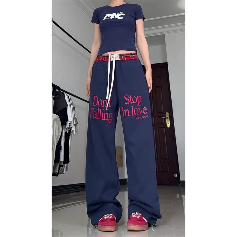 AK2493-P65抽绳字母印花运动卫裤高街垂感宽松直筒休闲长裤,女装休闲裤,星座617A-2