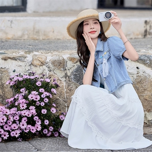 薄款牛仔短袖外套女连衣裙套装2025夏设计感中长款吊带裙子两件套图片