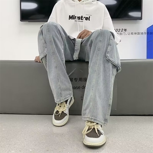欧美高街嘻哈做旧多口袋直筒牛仔裤男潮牌街头阔腿工装裤5081 P53图片