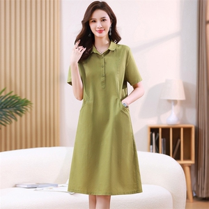 POLO领中长款休闲风短袖棉麻连衣裙女2023夏季新款高端亚麻衬衫裙，女装连衣裙，伊满意