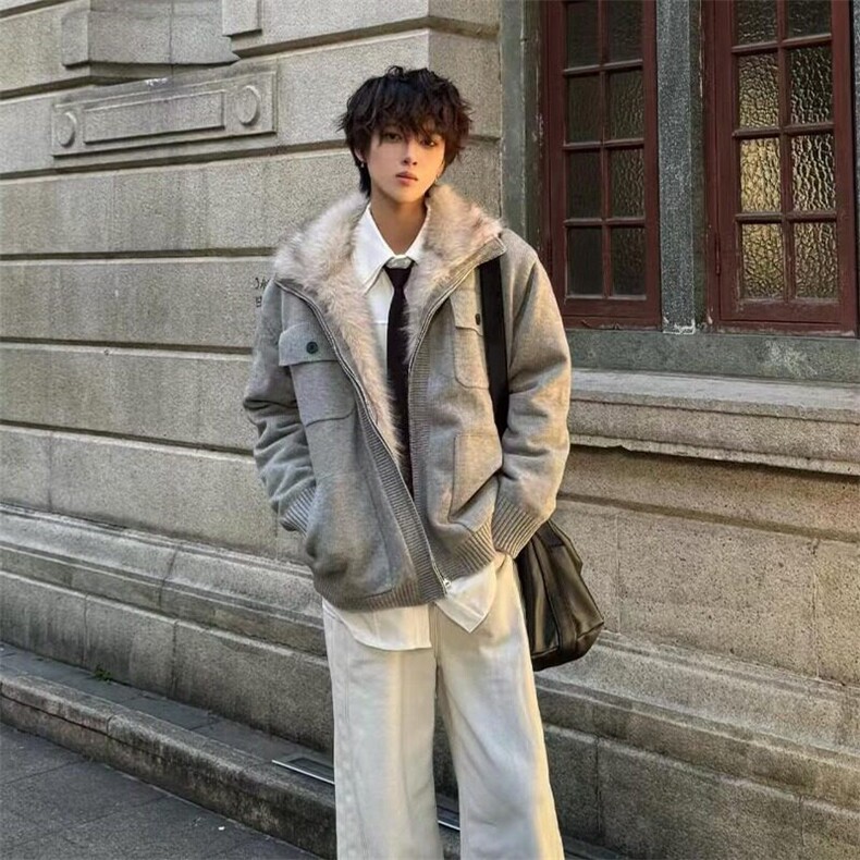 美式毛领座山雕棉服男款冬季加绒加厚针织衫毛衣外套短款保暖棉衣,男装针织衫/毛衣,星座506A