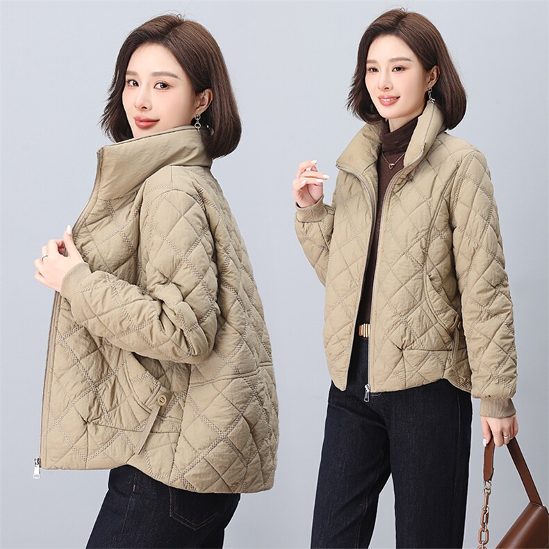 2024年新款潮高立领夹棉菱格外套韩版休闲刺绣棉衣棉服女显瘦,女装棉衣/棉服,鑫鑫格