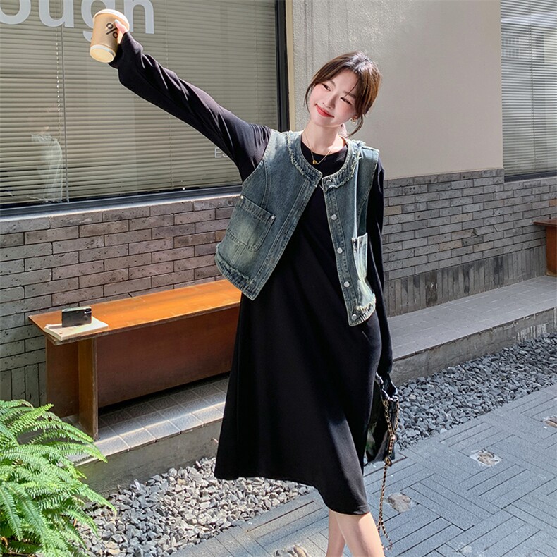 港风穿搭牛仔马甲配黑色卫衣连衣裙女春秋休闲慵懒松弛感长裙套装,女装套装/套裙,2C262