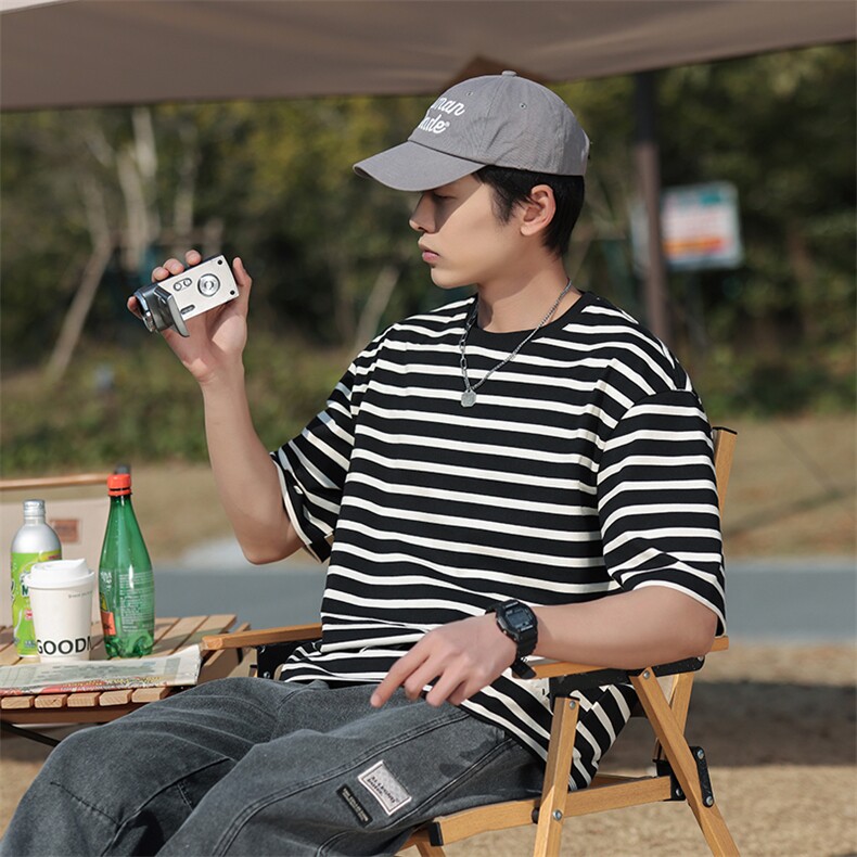 夏季新圆领条纹T恤衫男士半袖日系潮牌男装宽松短袖t恤TX166-P45，男装T恤，星座1109-1