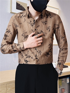 301A-1/H515/P58 2024秋装新款男士印花长袖衬衫男修身花衬衣图片