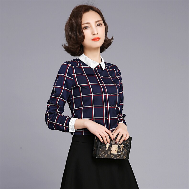 衬衫显瘦修身甜美百搭POLO领长袖格子2020年春季,女装衬衫,众宇琦
