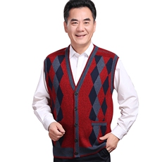 2024秋冬新款中老年男款V领拼色菱格纽扣背心马甲，男装羊绒背心，衣恋羊绒
