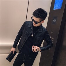 社会风纯色按扣刺绣修身PU皮衣夹克外套B297-M03-P120控158，男装夹克，电商B297