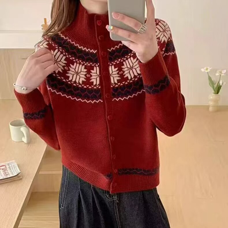 2026年秋季时尚百搭通勤简约休闲费尔岛高领针织开衫，女装针织衫/毛衣，北娇羊绒