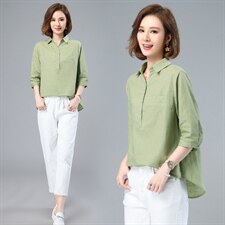 棉麻衬衫女短袖韩版显瘦大码前短后长遮肚子衬衣夏季亚麻上衣女，女装衬衫，希欧阁