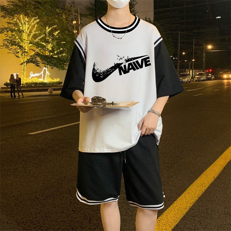 夏季新款短袖T恤港风套装青少年纯棉篮球服潮男装TZ391P60控89,男装休闲套装,电商A086