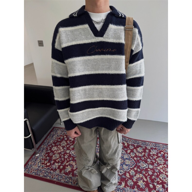 JY299-P59高街条纹撞色v领针织衫翻领毛衣男潮流宽松网图,男装针织衫/毛衣,星座1501-3