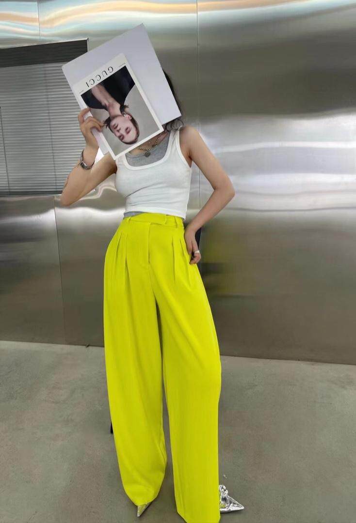 高级荧光黄阔腿裤，女装，ZIA