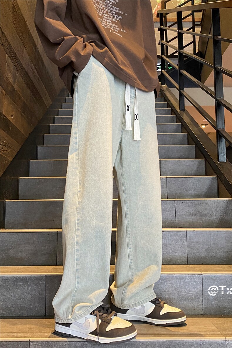 浅蓝色松弛感抽绳牛仔裤男款夏季美式复古松紧腰潮牌直筒宽松裤子,男装牛仔裤,电商B315