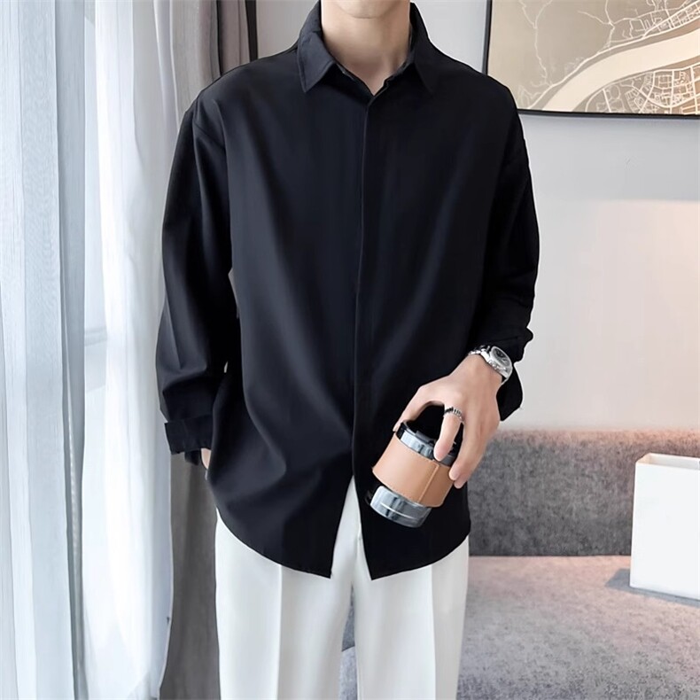 长袖衬衫男士宽松休闲上衣潮流春秋新款纯色寸衫高级垂感免烫衬衣,男装衬衫,星座1210-1