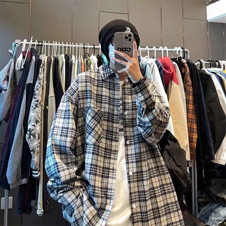 现货春秋格子长袖衬衫新款翻领百搭潮上衣男女生衬衣CS2025-p35,男装衬衫,星座302B