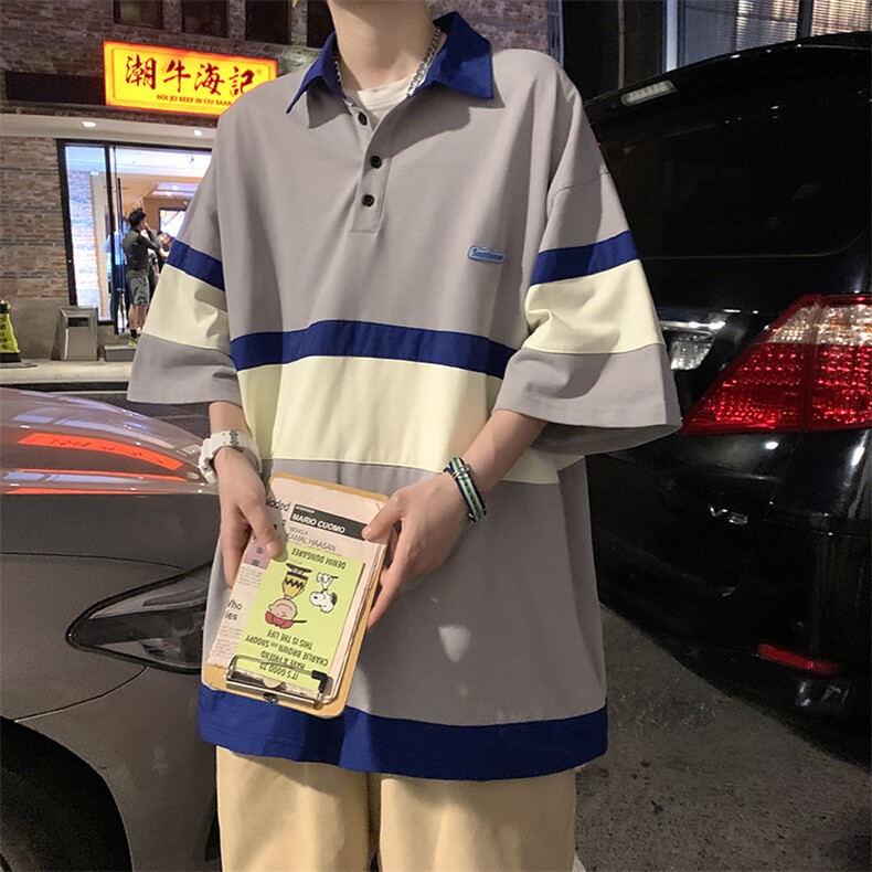 衬衫男拼色条纹韩版潮2023夏季新款ins宽松帅上衣polo衫W2485-P35,男装Polo衫,星座412-2