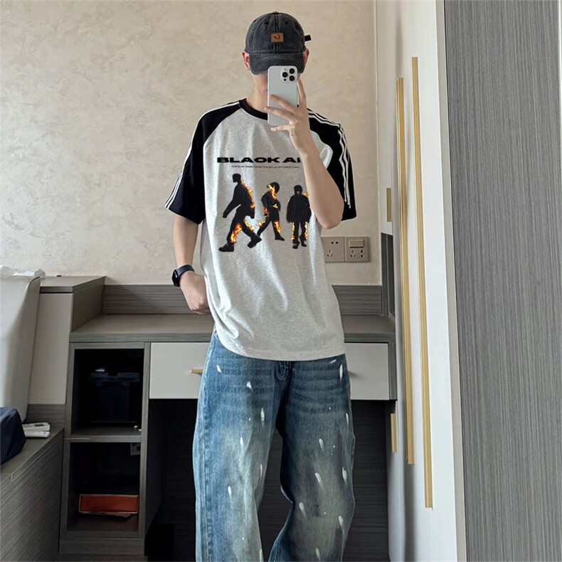 抖音得物品质二开240克宽松纯棉美式潮牌插肩三杠织带短袖T恤,男装T恤,电商A486