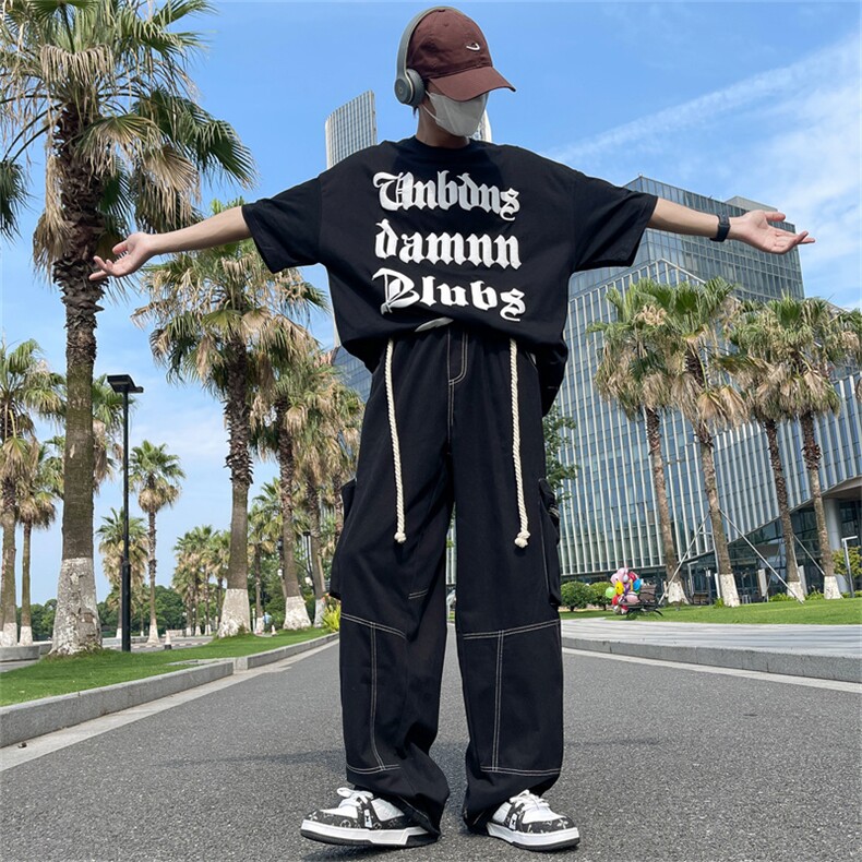裤子男夏季设计感小众拼色宽松直筒运动裤潮牌潮流休闲裤,男装休闲裤,星座716-4