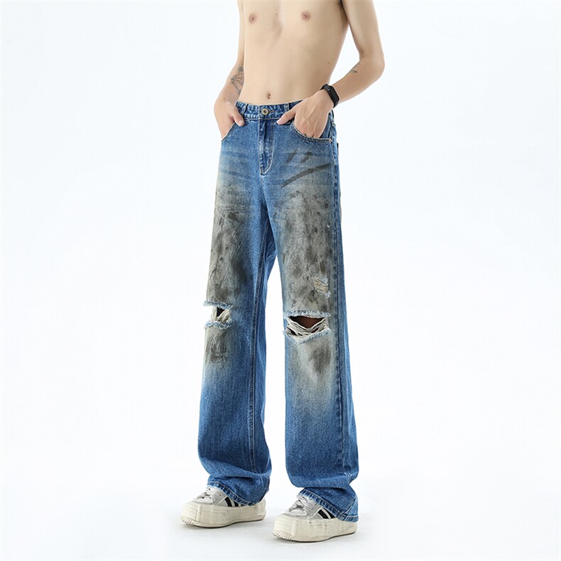 B221美式ins高街暗黑宽松直筒破洞喷墨乞丐牛仔裤LK24200-P60控78,男装牛仔裤,电商B221