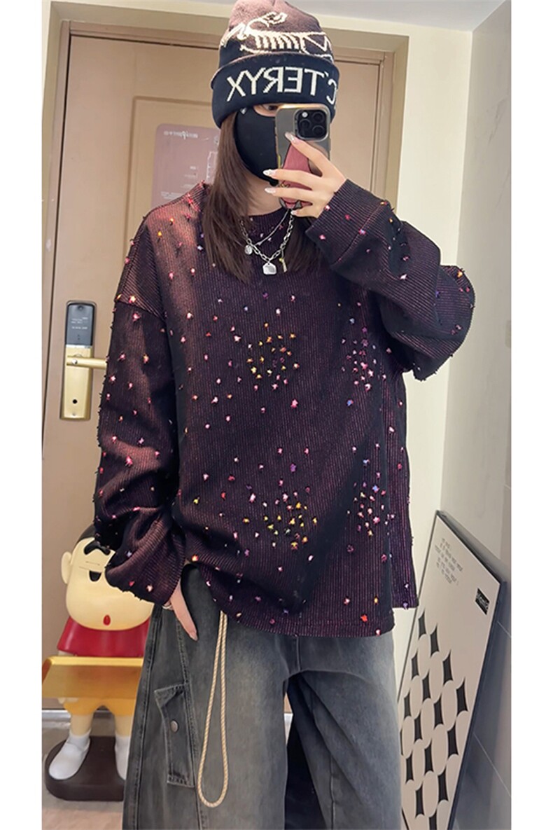 彩色星星提花破洞圆领卫衣男女设计感美式长袖t恤W4682-特价P50,男装卫衣,电商A007