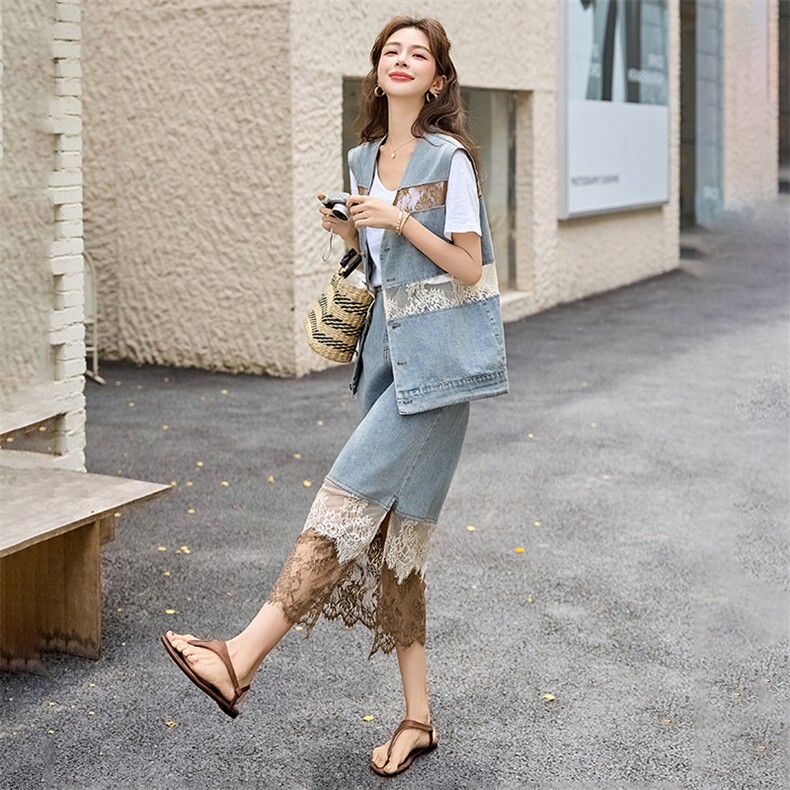 欧货蕾丝马甲半身裙套装女2025夏装新款宽松显瘦单排扣拼接三件套，女装套装/套裙，含赞