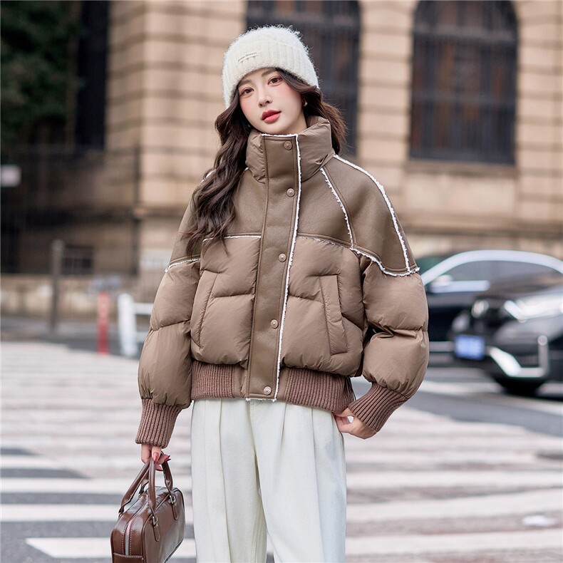 【bao款大货已出】2025冬装新款PU皮拼接立领保暖羽绒服90%白鸭绒,女装羽绒服,雅静靓衣